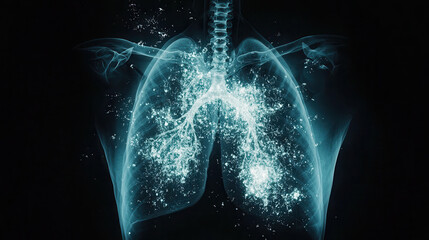 detailed X ray of human lungs showcasing intricate bronchial structures and airways, highlighting respiratory function and health