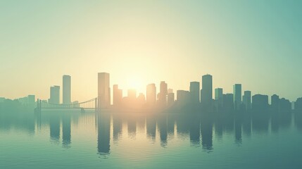 Fototapeta premium Serene City Skyline Silhouette at Sunrise with Calm Water Reflection