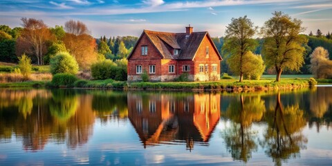 Fototapeta premium A rustic red-brick house stands alone in a picturesque countryside landscape near a serene lake, its windows reflecting perfectly in the calm water surface , nature, countryside