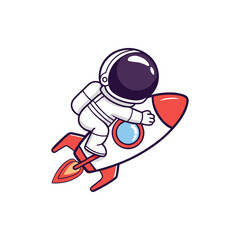 A cute cartoon astronaut in a complete white spacesuit riding a small rocket
