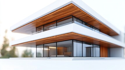Fototapeta premium Modern house exterior, forest backdrop, showcasing architecture and design
