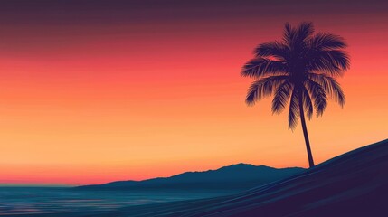 Serene Sunset View with Palm Tree Silhouette and Colorful Sky