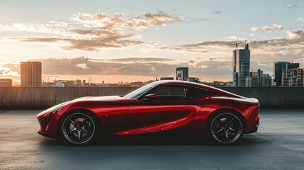 Fototapeta premium Red sports car parked on rooftop with city skyline at sunset