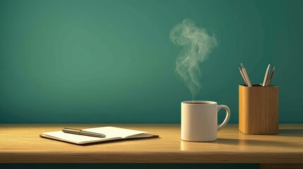 Cozy Workspace with Coffee Cup and Notebook on Wooden Table