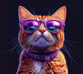 Portrait of Ginger Cat in Purple Sunglasses Cute and Funny Cat with Green Eyes and Fluffy Fur on Gradient Background