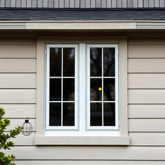 Fototapeta premium Modern House Exterior with White Double Hung Window. High-quality Beige Siding, Clean Design, and Well-Maintained Property. Perfect for Real Estate Listings and Architectural Inspiration.