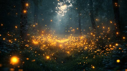 Obraz premium Magical Ethereal Glow of Fireflies Illuminating a Serene Forest at Twilight in an Enchanted Landscape