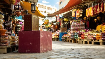 Vibrant Moroccan Souk: A Speaker's Podium Amidst the Colorful Bustle