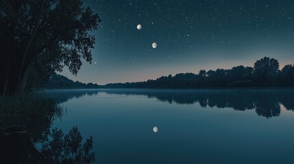 Tranquil Night Sky Over Calm Lake with Stars and Celestial Bodies