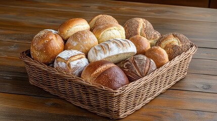 A Baker's Basket: A wicker basket overflowing with freshly baked bread, showcasing a delightful variety of shapes, sizes, and textures, inviting a sense of warmth and comfort.