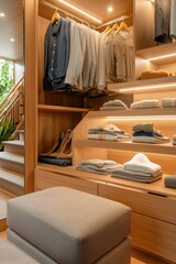 Stylish and organized wooden closet with modern lighting.