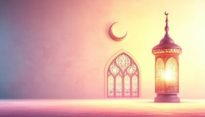 Obraz premium Illuminated Ramadan Lantern Islamic Decor Festive Background Mosque Window Crescent Moon