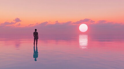 Serene silhouette of a person standing in calm waters at sunset, reflecting vibrant colors