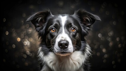 Fototapeta premium Stunning Portrait of a Black and White Dog Against a Dark Background - Captivating Pet Photography, Dog Portraits, Animal Photography, High Contrast, Canine Beauty, Artistic Shot