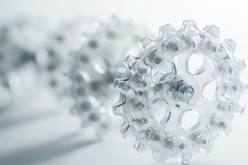 Innovation captured through interlocking transparent gears floating in white space with high-key lighting composition and macro photography