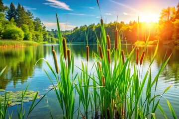 Obraz premium Stunning Summer Lake Green Cattails: Vibrant Lakeside Photography