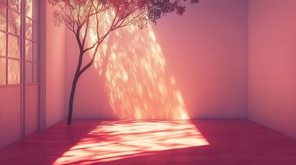 Sunlight streams into minimalist room with tree