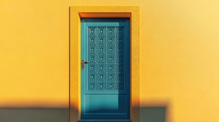 Vibrant Blue Door with Geometric Pattern on Bright Yellow Wall