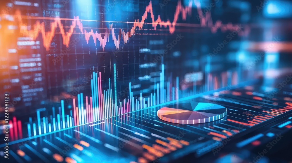 Poster data visualization with colorful graphs and charts on digital screen