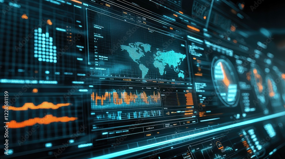 Poster futuristic digital data visualization with graphs and maps