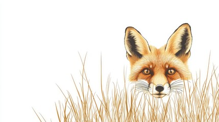 Obraz premium Realistic Illustration of a Fox Head Emerging from Tall Grass