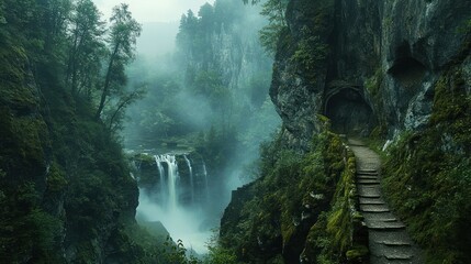 Misty mountain waterfall path, scenic gorge, travel