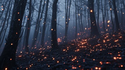 Stark Black Silhouettes of Burned Trees in a Misty Forest Scene
