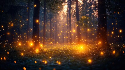 Magical Forest Scene with Glowing Lights and Soft Evening Shadows Creating a Dreamy Atmosphere in a Mystical Landscape