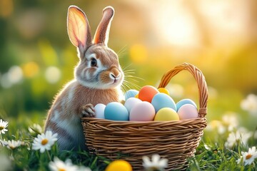 Cute Rabbit with Colorful Easter Eggs in Basket on Sunny Day in Spring Meadow