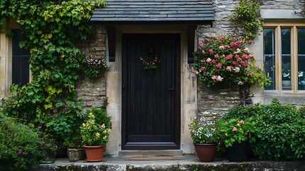 Charming Cottage Entrance with Lush Greenery