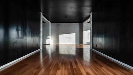An empty black room, Brick white wall and wooden floor