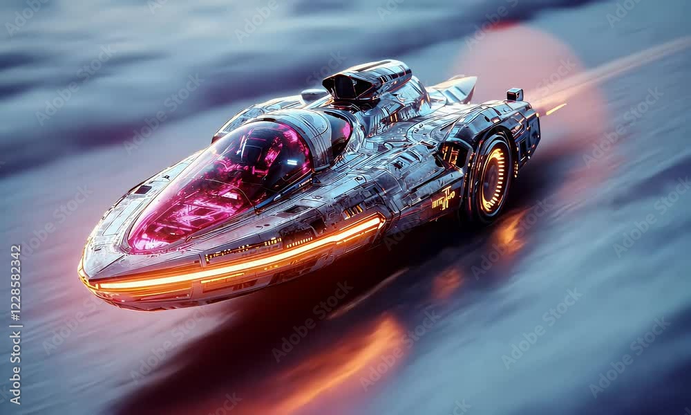 Poster futuristic hovercraft speeding above cloudscape