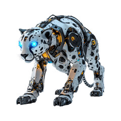 Robotic Cheetah with Glowing Blue Eye and Chrome Plating Isolated on Transparent Background