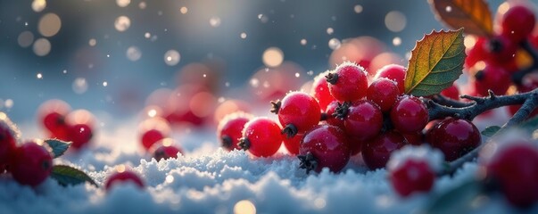 Sparkling ice crystals on a bed of red holly berries, winter, shine, berry
