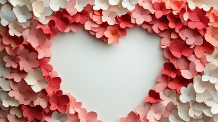 Obraz premium Cut out pink, red, and white paper hearts form a heart-shaped frame with an empty space in the middle on a white background. Concept of love and valentines day