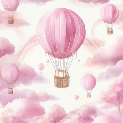 Obraz premium Watercolor seamless pattern of cute pink hot air balloons clouds and rainbows for baby design