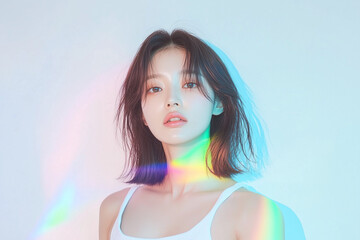 韓国人女性の美容イメージ、プリズムライト、レインボー