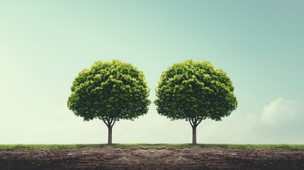 Two Lush Green Trees Against a Clear Sky with Gentle Horizon