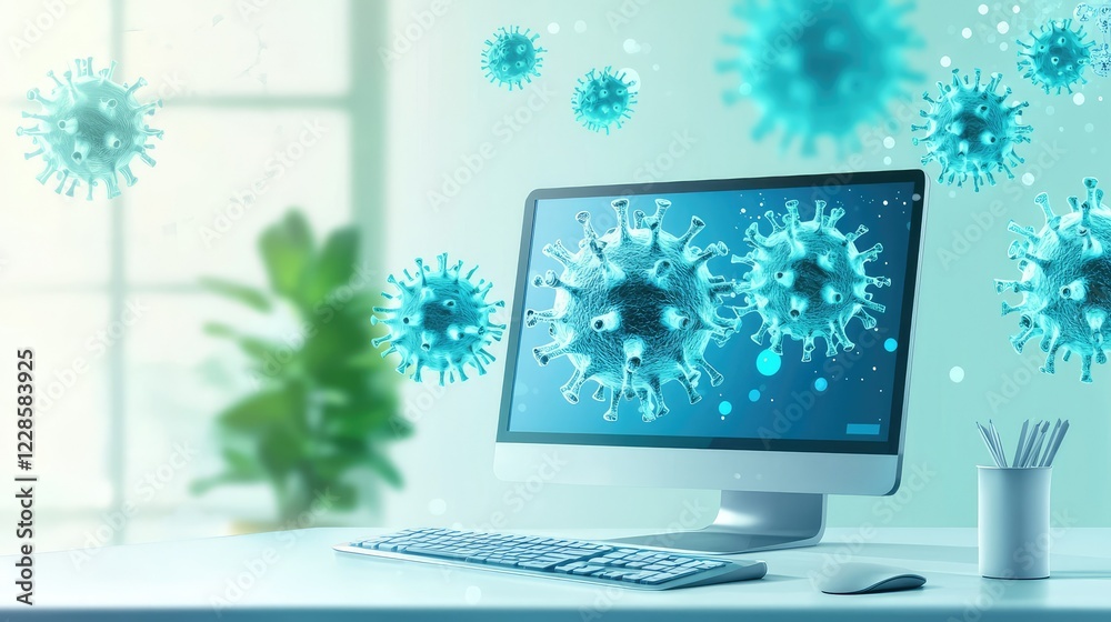Poster computer screen with virus graphics in modern workspace environment