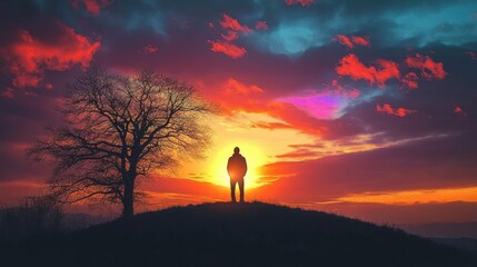 lone figure on hill overlooking colorful sunset sky