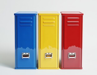 Three colorful metal cabinets, blue, yellow, red.