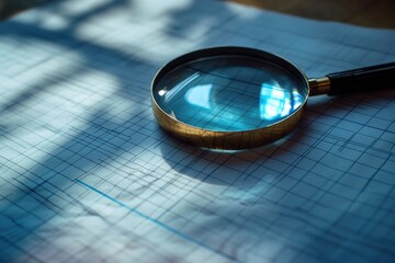 Market research depicted through magnifying glass effects on graph paper with harsh shadows composition and geometric composition