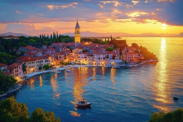 Fototapeta premium Aerial View of Rovinj Coastal Town at Sunset in Croatia