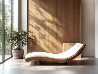 Minimalist Interior Design Featuring Wooden Chaise Lounge and Natural Light