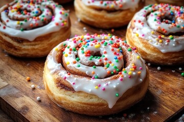 Cinnamon Rolls with Colorful Holiday Sprinkles and Frosting in Rustic Country Kitchen
