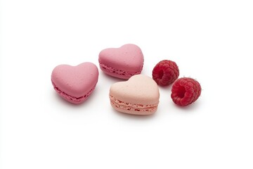Fototapeta premium Two pink and one peach heart-shaped macarons with raspberries.