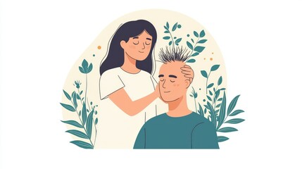 Obraz premium Caring Young Woman Styling Hair of Joyful Man with Spiky Hair