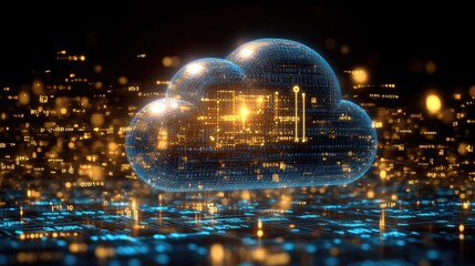 Obraz premium Futuristic digital cloud representing data storage with glowing particles and binary code background