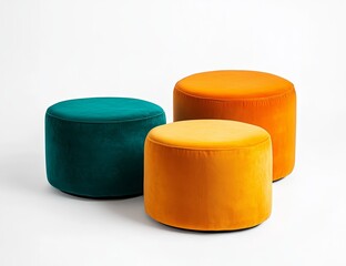 Three velvet ottomans in teal and orange.