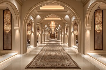 Obraz premium Elegant arched hallway with ornate lamps and patterned carpet. Ideal for luxury hotel, resort, or Arabian architecture concepts.